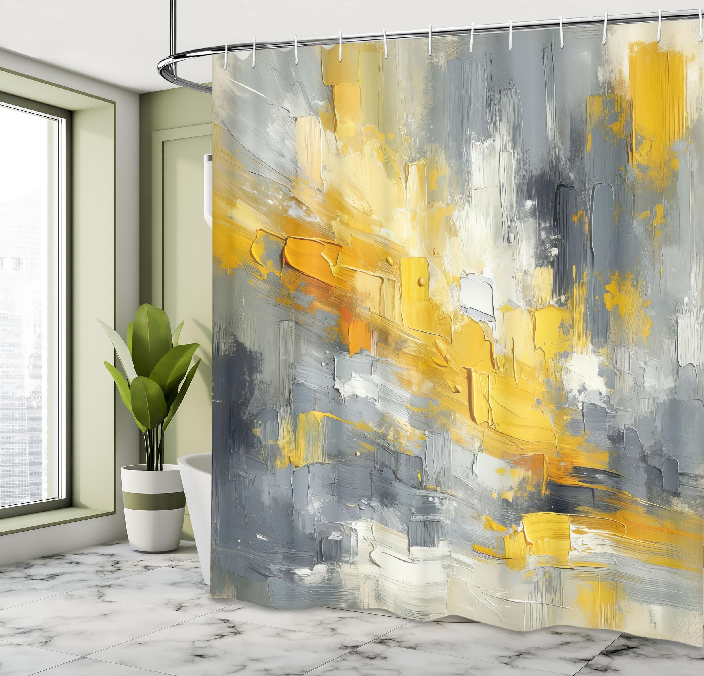 Ambesonne Yellow Shower Curtain, Modern Abstract Composition Of Contemporary Brush Stroke Print Surreal, Cloth Fabric Bathroom D